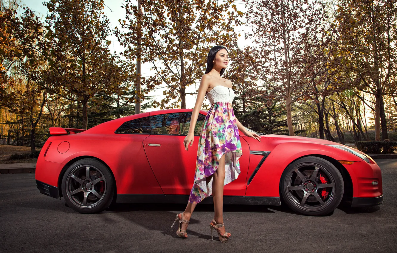 Фото обои машина, авто, девушка, модель, азиатка, автомобиль, nissan GT-R, korean model