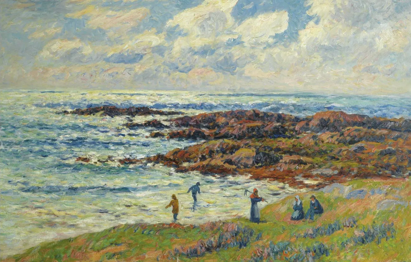 Фото обои море, облака, люди, картина, морской пейзаж, Henri Moret, Gathering of Seaweeds at Nevez