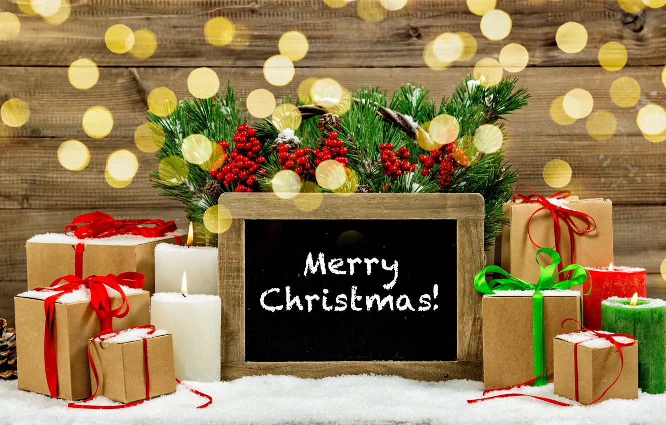 Фото обои снег, украшения, свечи, Новый Год, Рождество, подарки, Christmas, Xmas