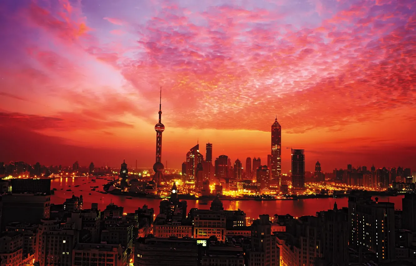 Фото обои закат, огни, башня, Небоскребы, Шанхай
