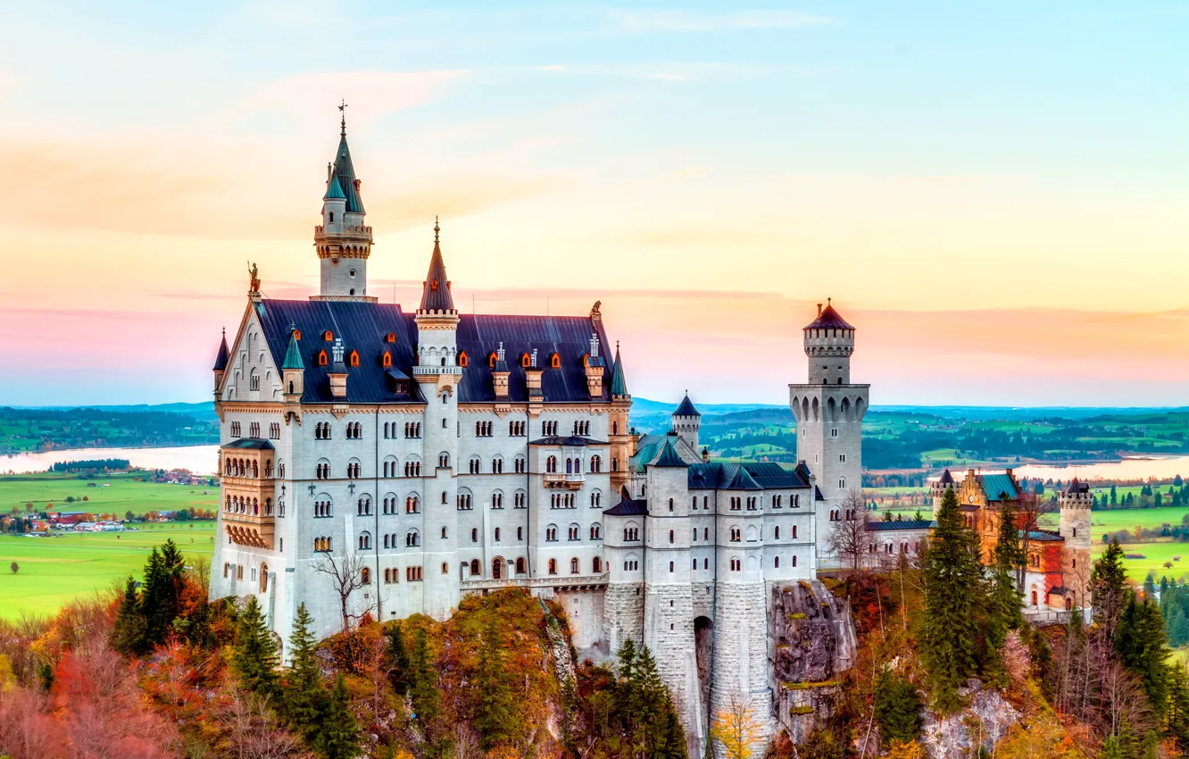Фото обои замок, Germany, autumn, mountain, Нойшванштайн, Bavaria, castle, Alps