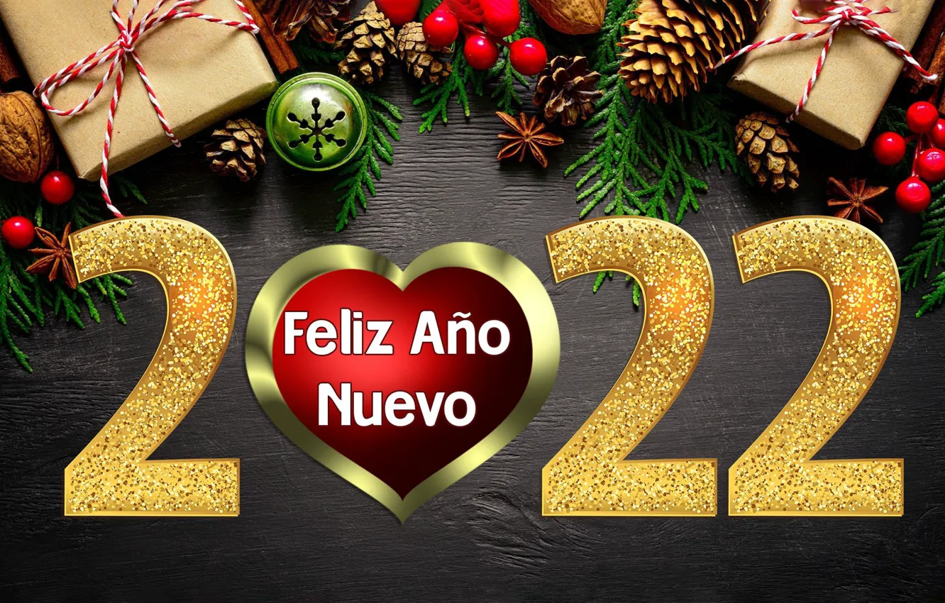Фото обои праздник, ветви, сердце, новый год, цифры, подарки, орехи, Happy New Year