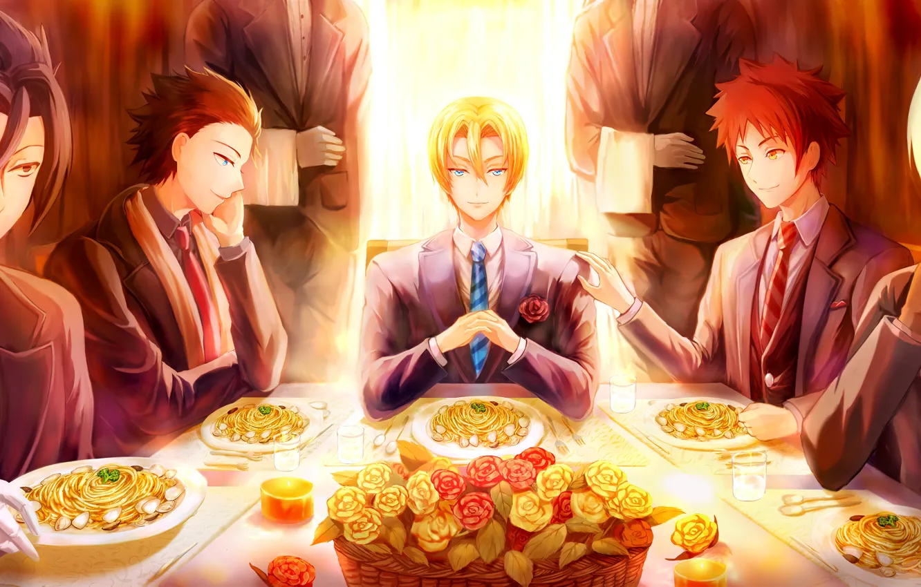Фото обои стол, розы, парни, сервировка, В поисках божественного рецепта, Shokugeki No Soma