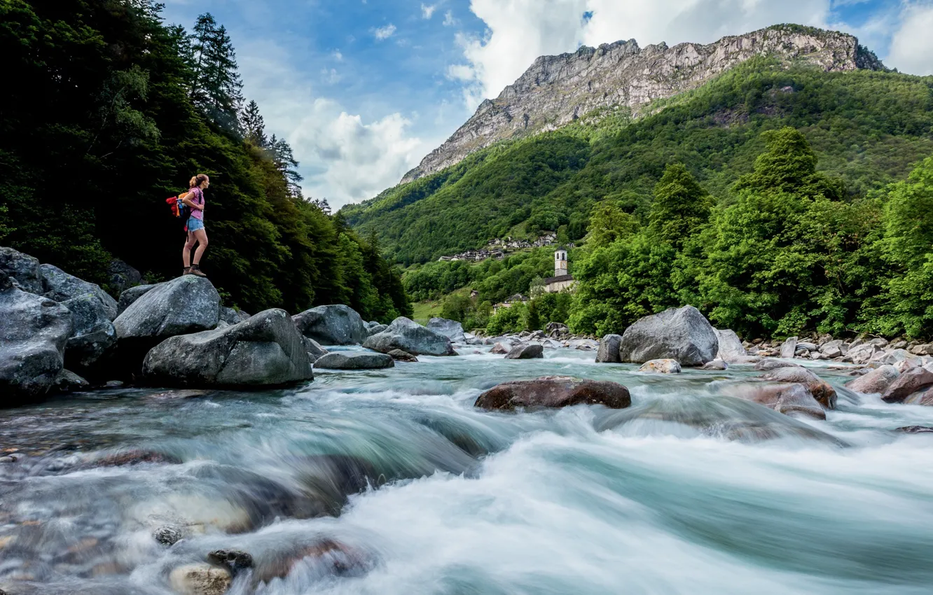 Фото обои горы, река, Швейцария, церковь, Switzerland, Locarno, Lavertezzo, Canton of Ticino