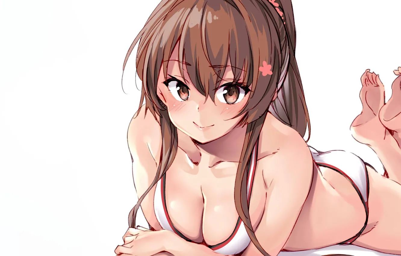 Фото обои girl, sexy, cleavage, long hair, brown hair, boobs, anime, beautiful