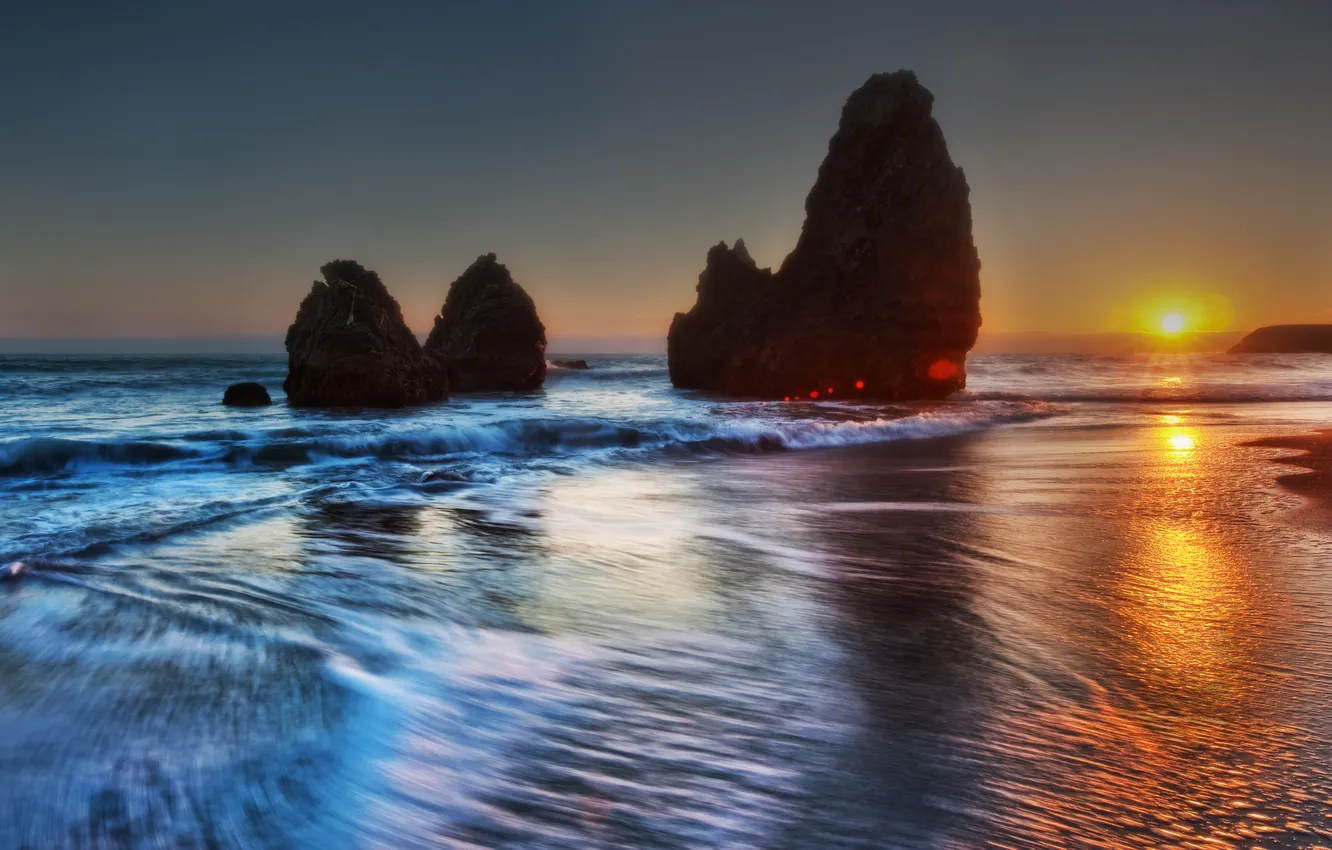 Фото обои закат, Тихий океан, Rodeo Beach, длительной экспозиции