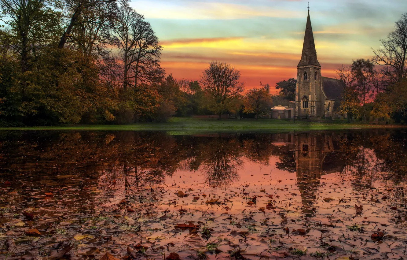 Фото обои autumn, reflection, church