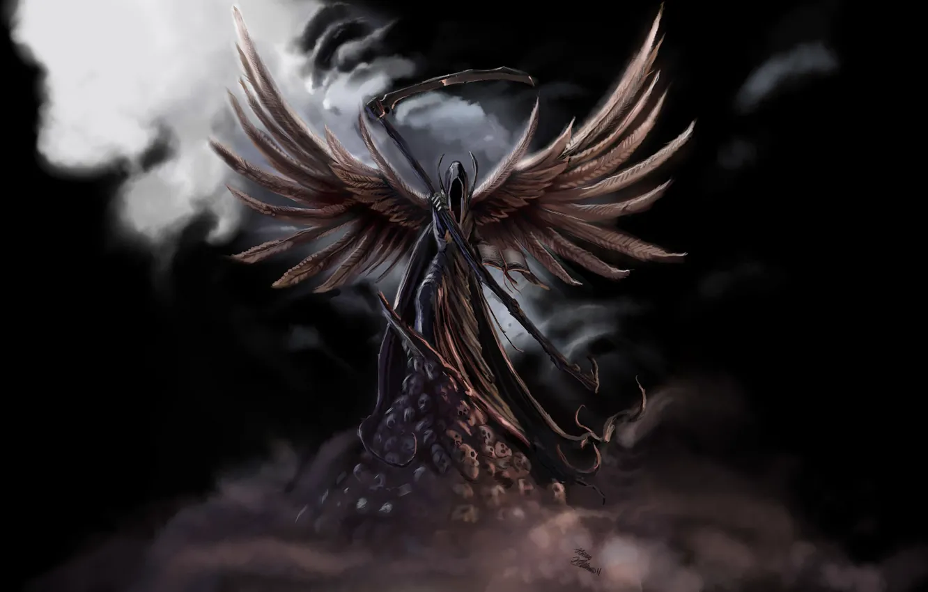 Фото обои туман, смерть, фантастика, крылья, черепа, коса, черный фон, темный ангел
