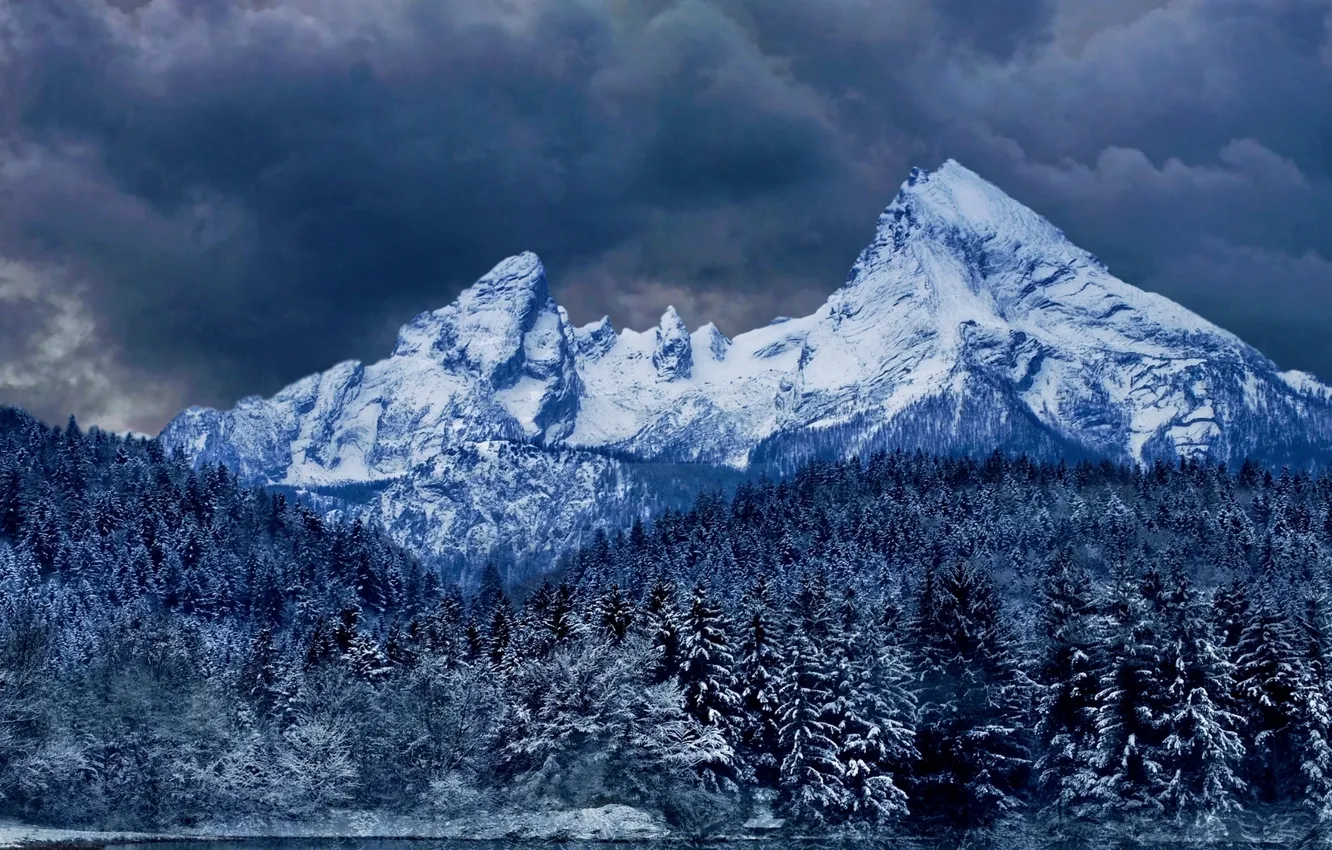 Фото обои зима, лес, небо, облака, снег, горы, тучи