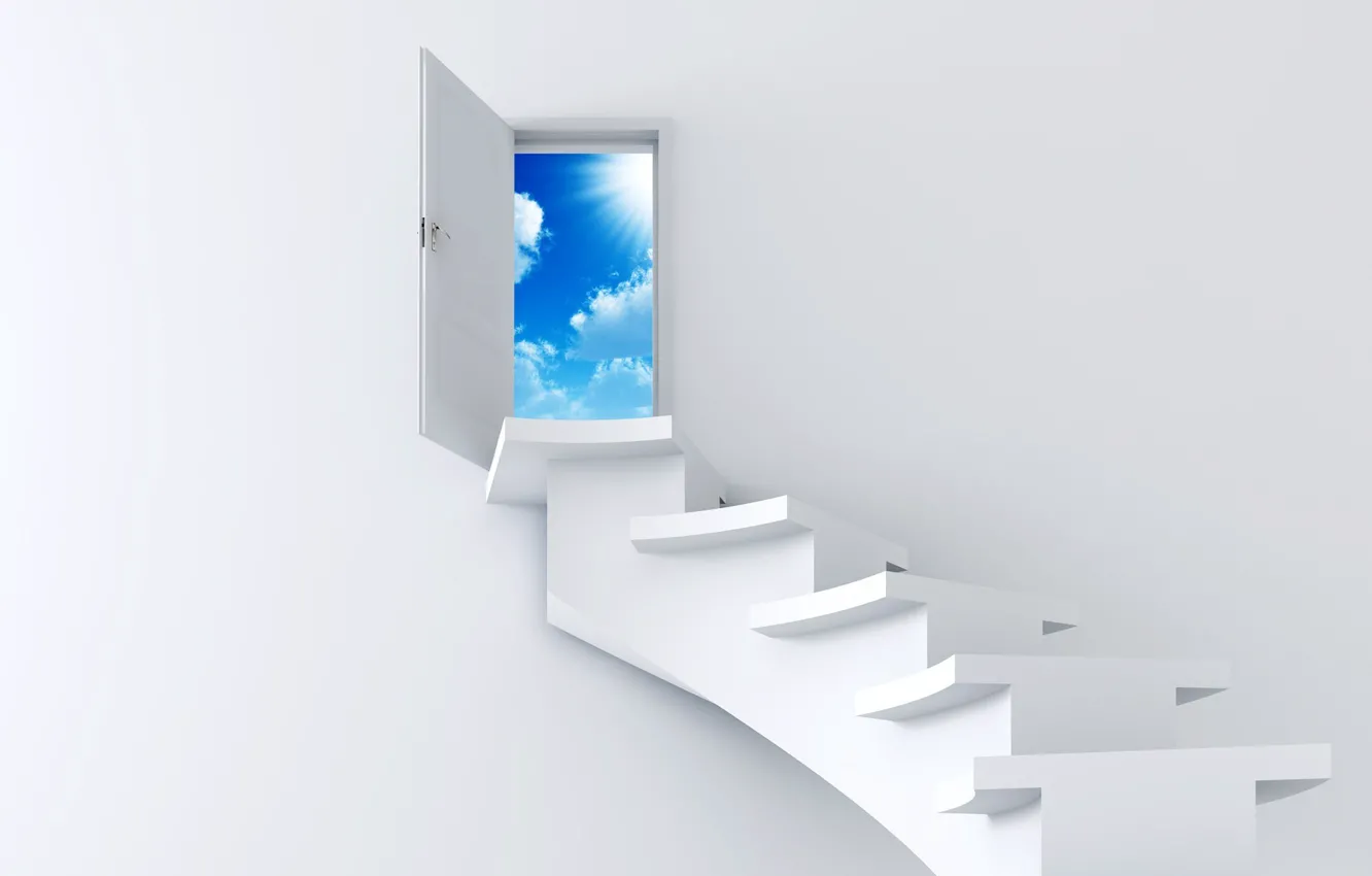 Фото обои Небо, Белый, Лестница, Дверь