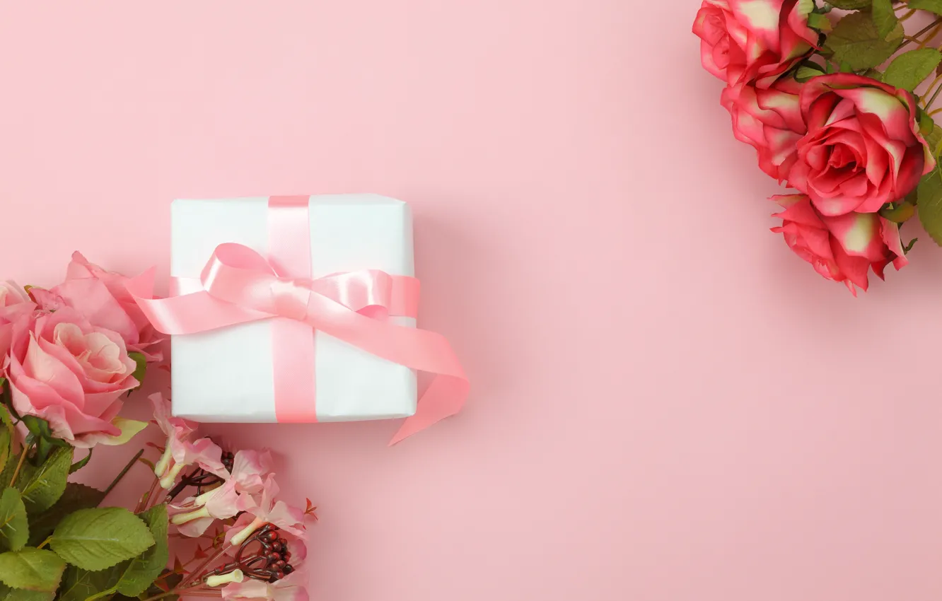 Фото обои любовь, фон, розовый, подарок, розы, букет, love, pink