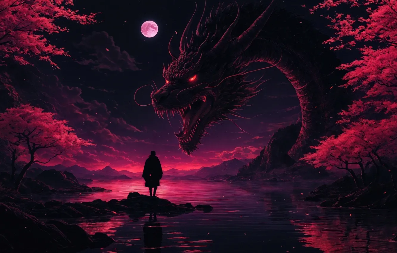 Фото обои moon, man, wind, red dragon
