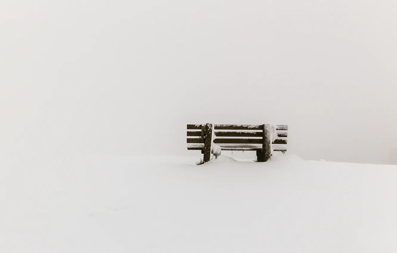 Фото обои снег, минимализм, скамья