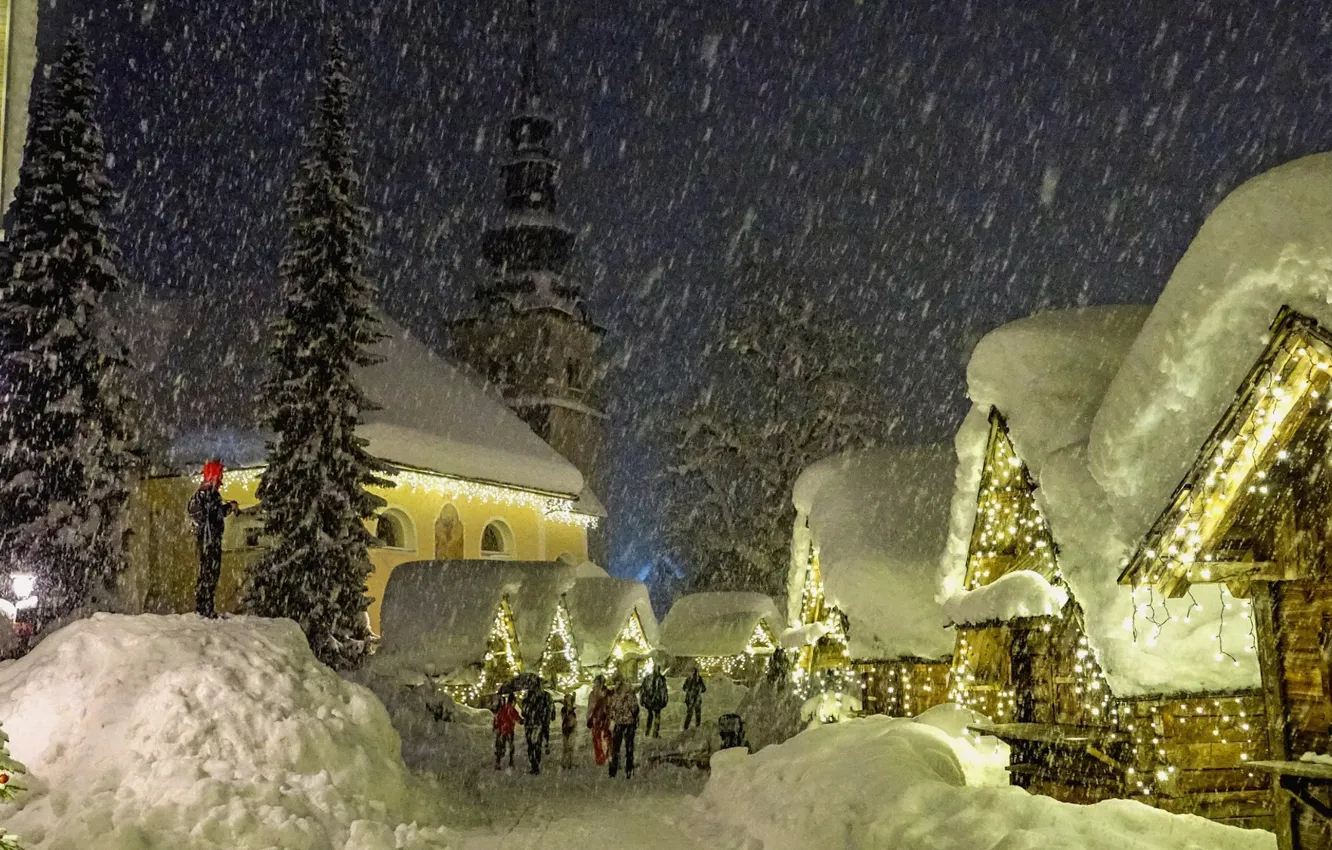 Фото обои Дома, Зима, Праздник, Winter, Словения, Holiday, Slovenia, Снегопад