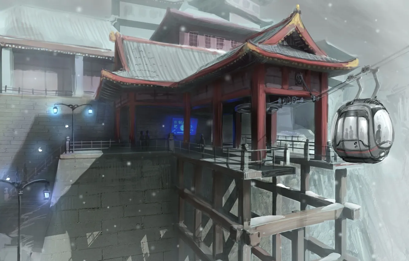 Фото обои снег, азия, здание, высота, фонари, фуникулер, Dreamfall: The Longest Journey