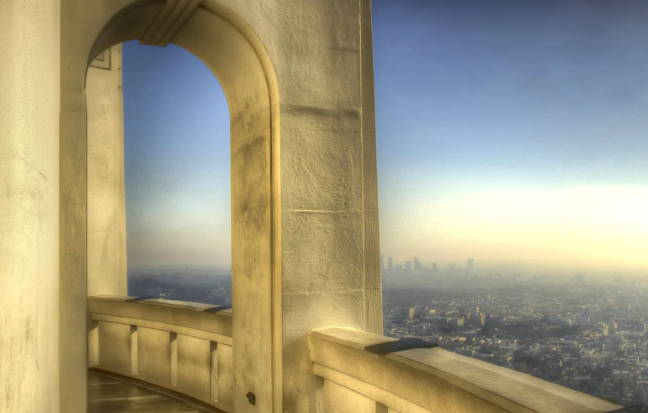 Фото обои небо, здание, hdr, панорама, дымка, балкон, США, Los Angeles