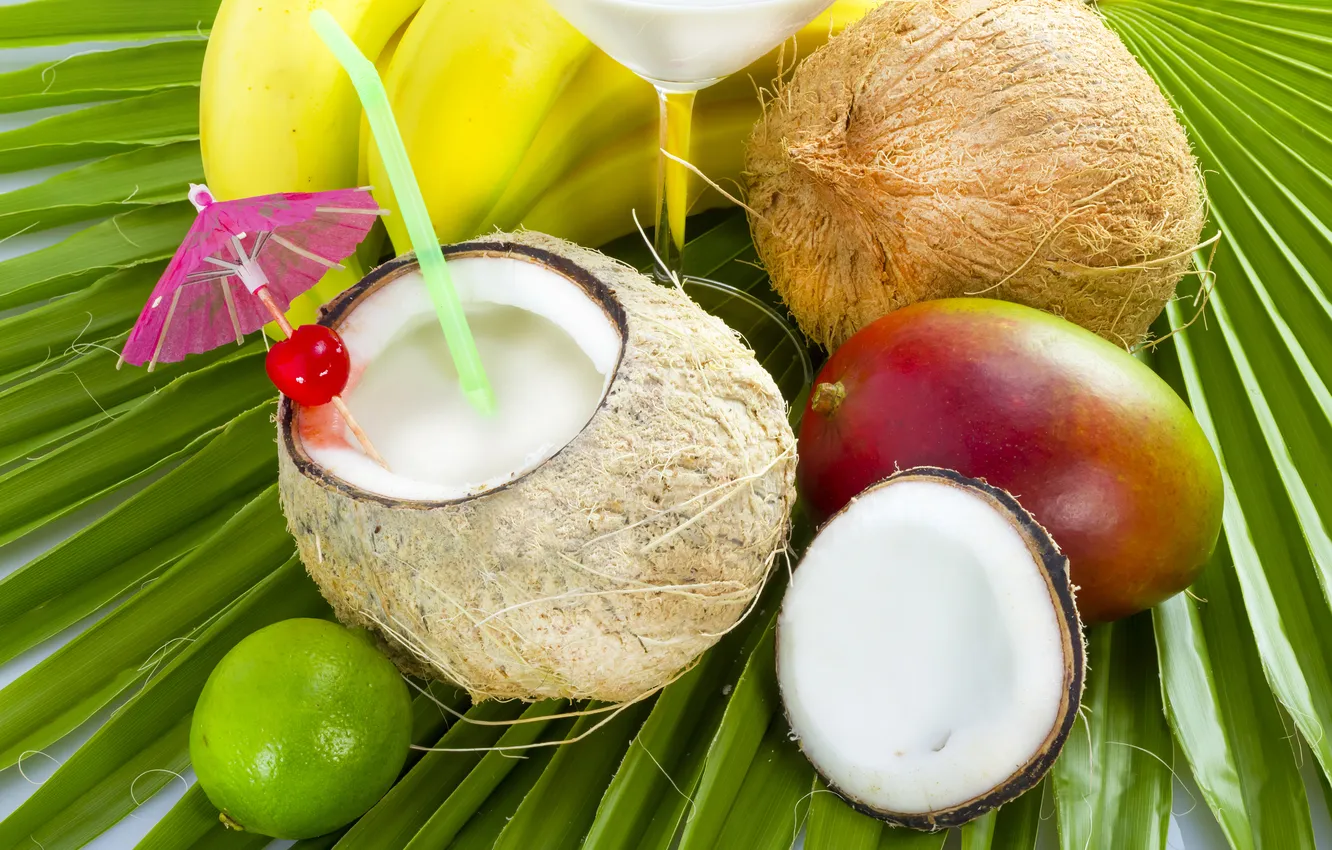 Фото обои кокос, бананы, коктейль, лайм, фрукты, манго, fresh, drink