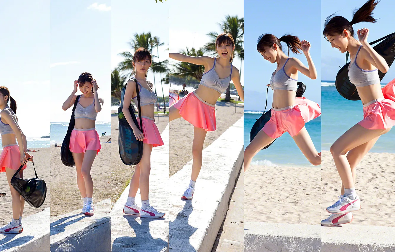Фото обои Beautiful, Asian, Model, Coast, Beach, Water, Smile, Sports