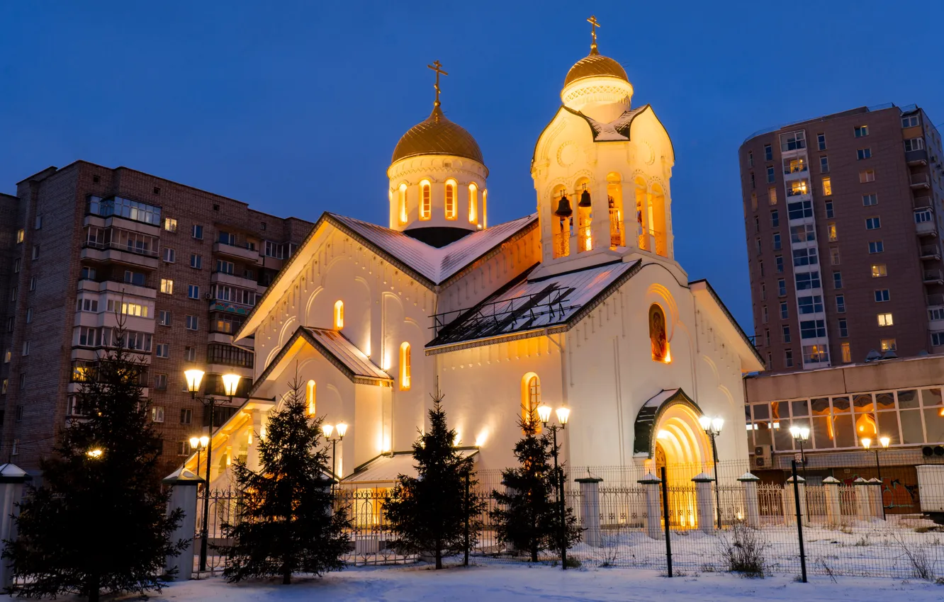 Фото обои ночной город, Красноярск, Православный храм