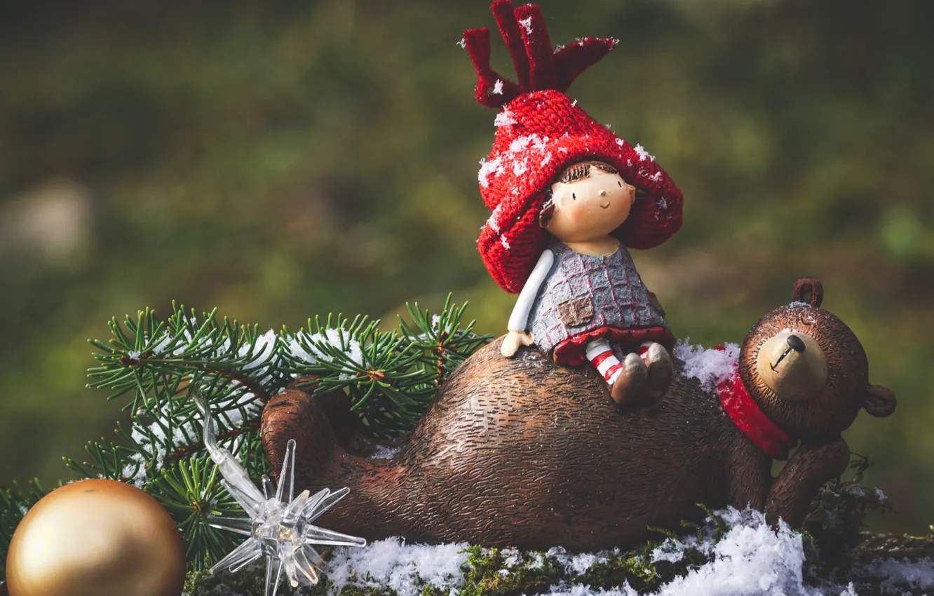 Фото обои снег, ветки, праздник, игрушка, новый год, шар, рождество, ель