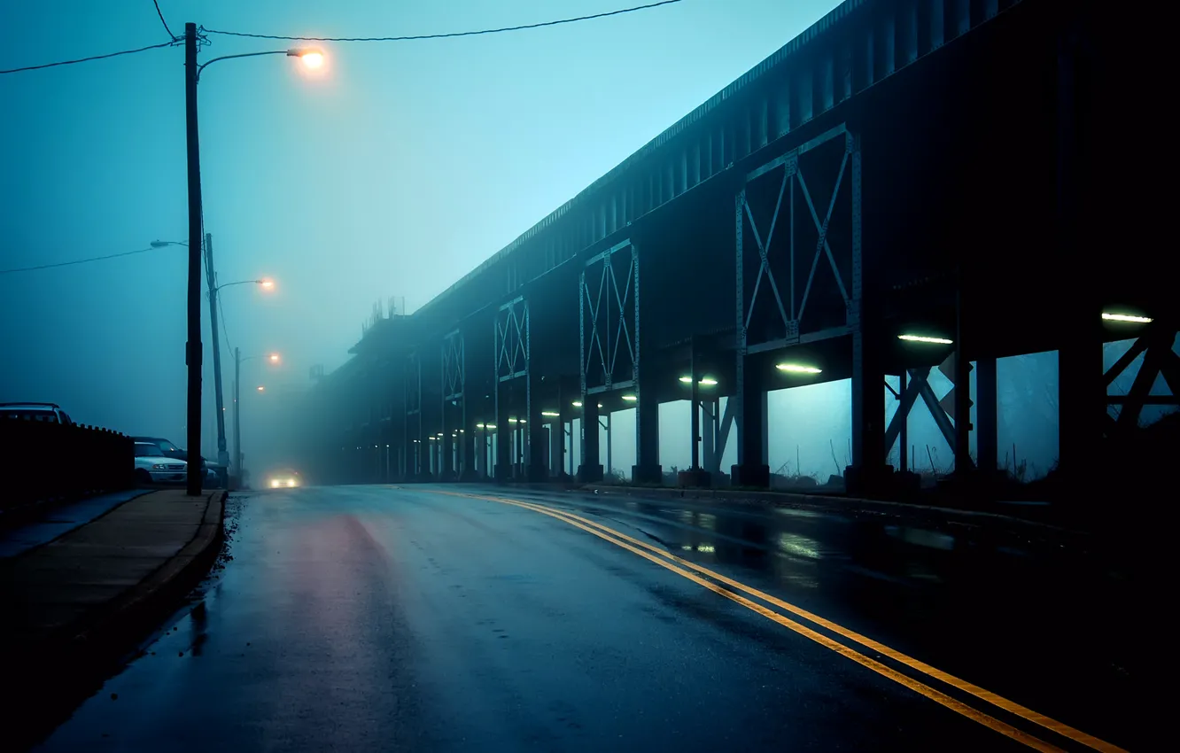 Фото обои дорога, мост, город, туман, фонари, USA, США, сумерки