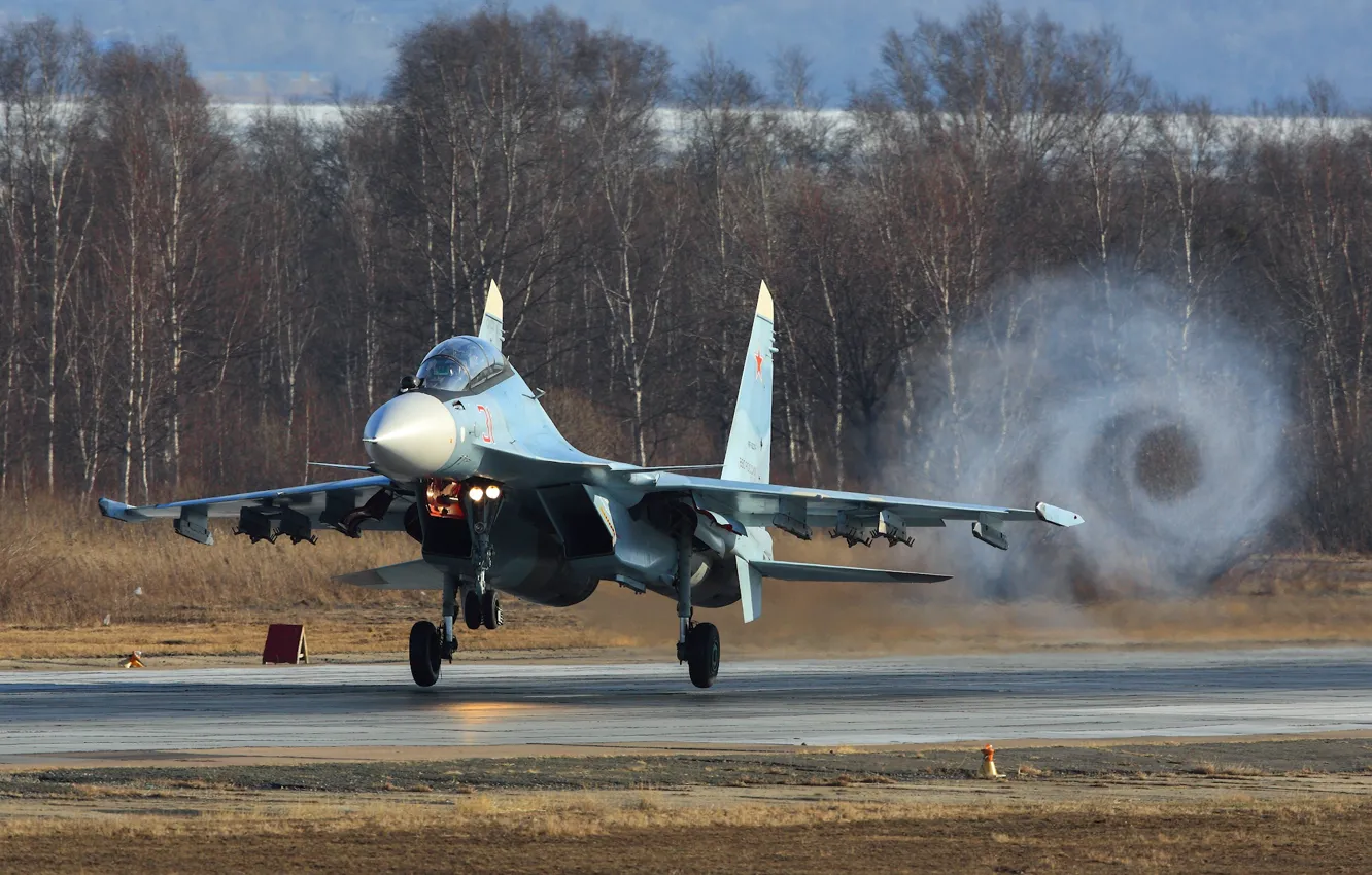 Фото обои истребитель, аэродром, взлет, ввс россии, Су-30СМ