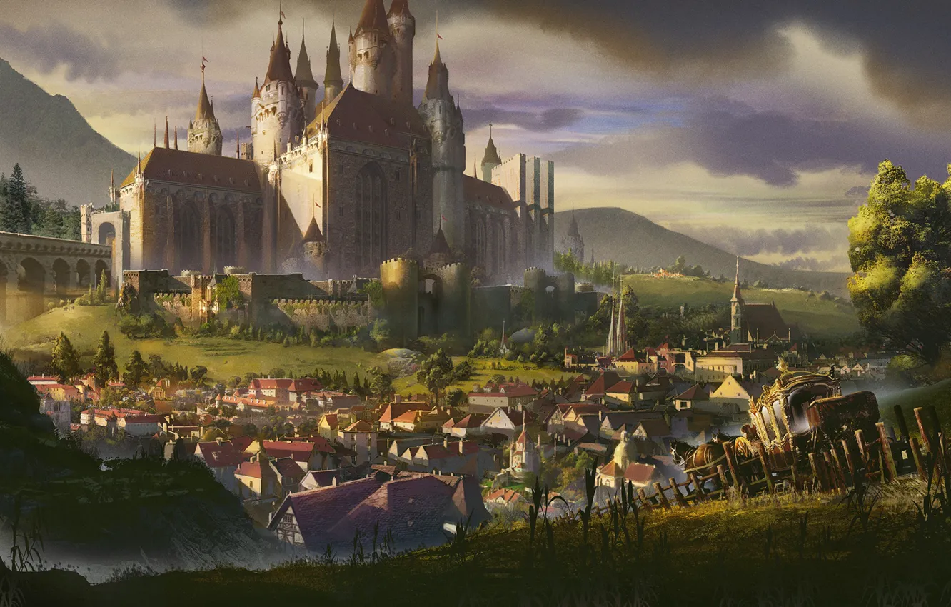 Фото обои горы, город, замок, карета, castle
