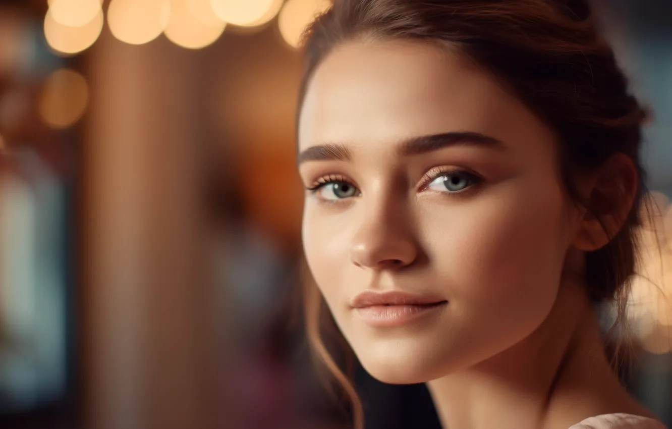 Фото обои взгляд, девушка, лицо, портрет, прическа, шатенка, серые глаза, молодой