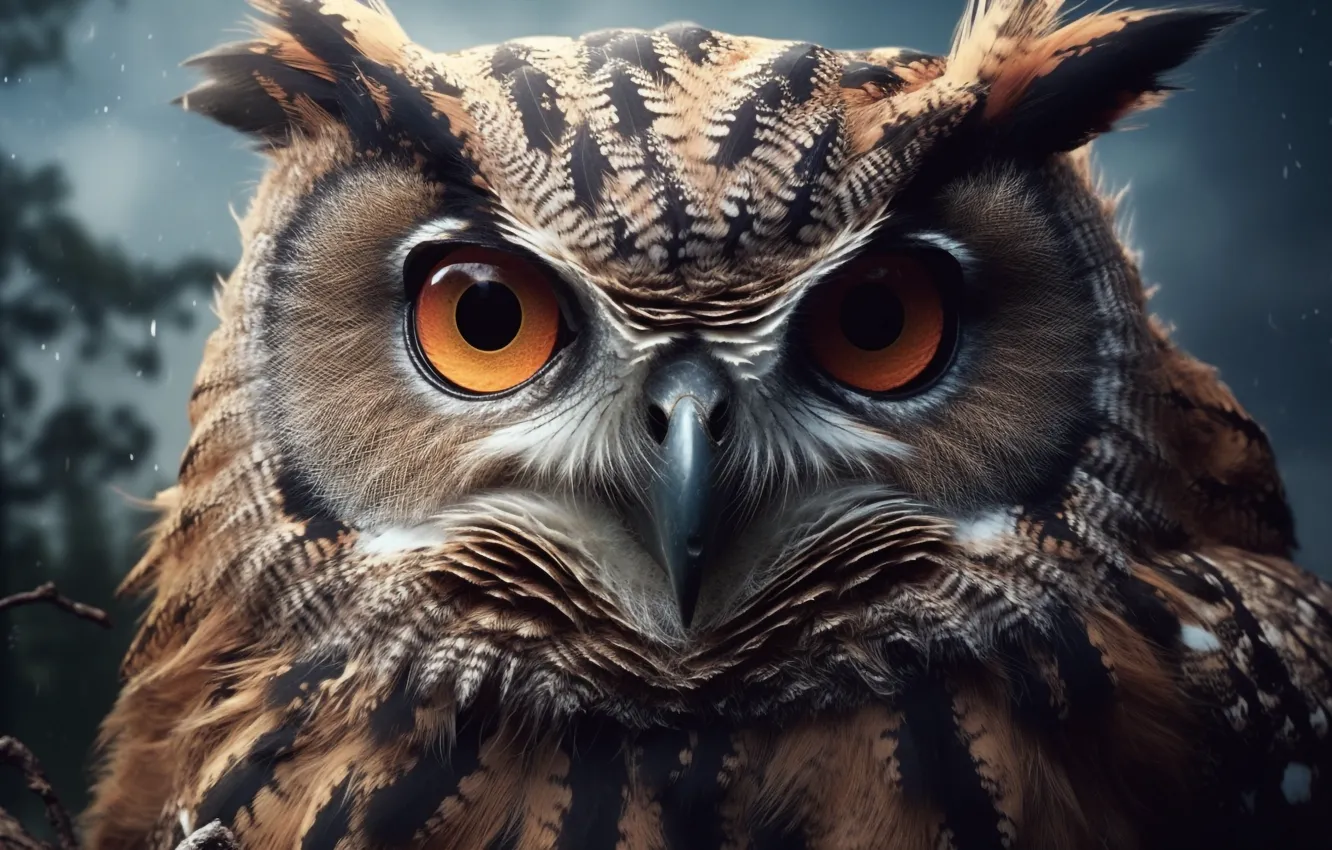 Фото обои взгляд, сова, птица, портрет, филин, ИИ-арт, НЕЙРОСЕТЬ