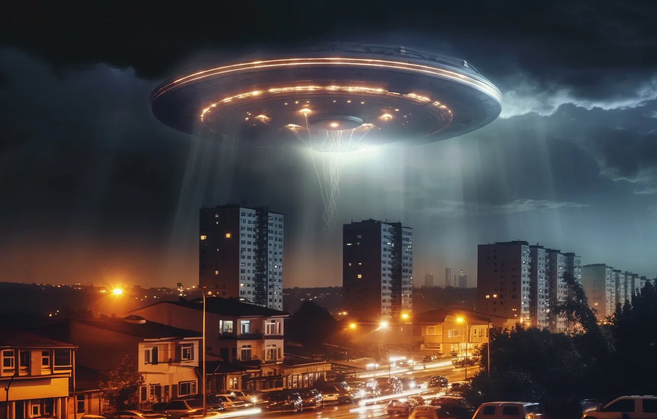 Фото обои city, lights, sky, aircraft, city lights, clouds, spaceship, building