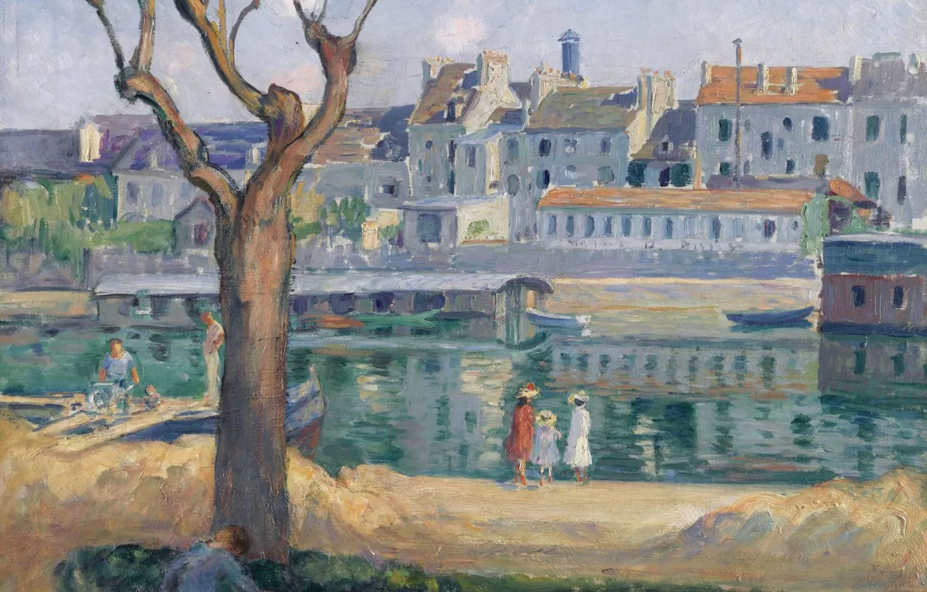Фото обои река, люди, дерево, дома, картина, городской пейзаж, Анри Лебаск, View of the Quay of Pamponne