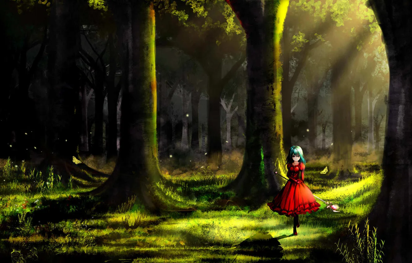 Фото обои лес, девушка, свет, деревья, art, henet hene