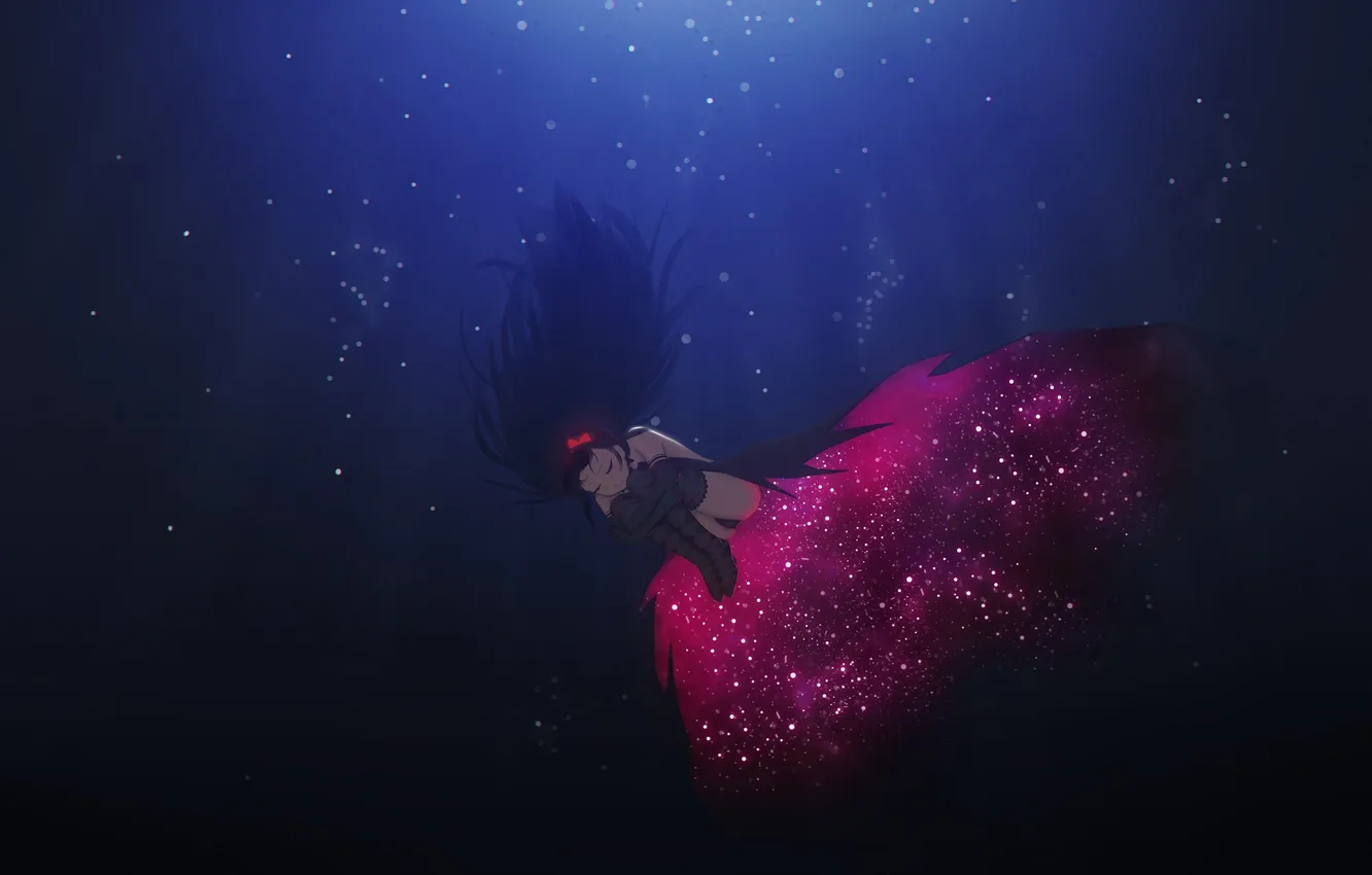 Фото обои девушка, аниме, арт, бант, под водой, mahou shoujo madoka magica, akemi homura, девочка-волшебница мадока