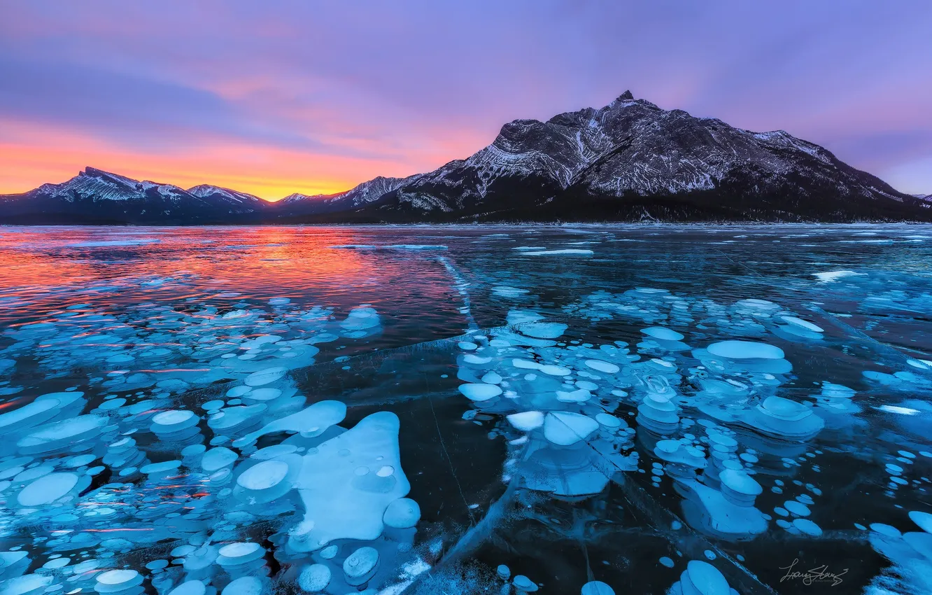 Фото обои горы, озеро, лёд, вечер, Канада, Альберта, бульбы