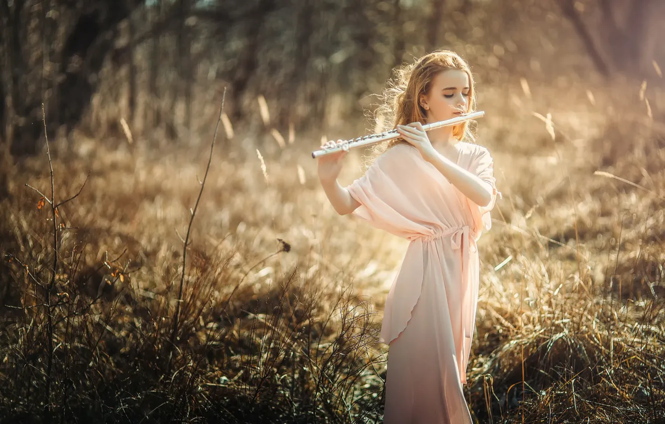 Фото обои природа, девочка, флейта, боке