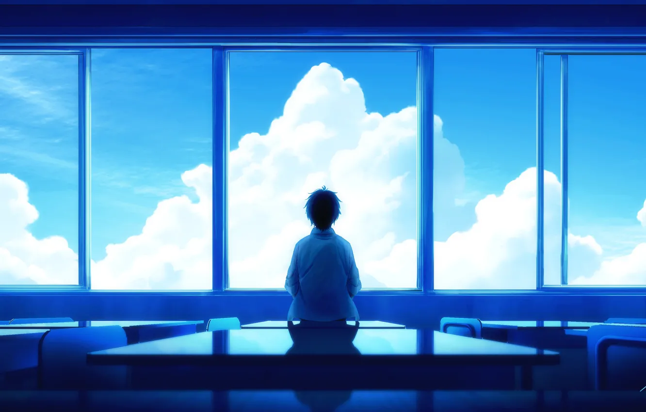Фото обои небо, облака, окно, класс, парень, парта, школьник