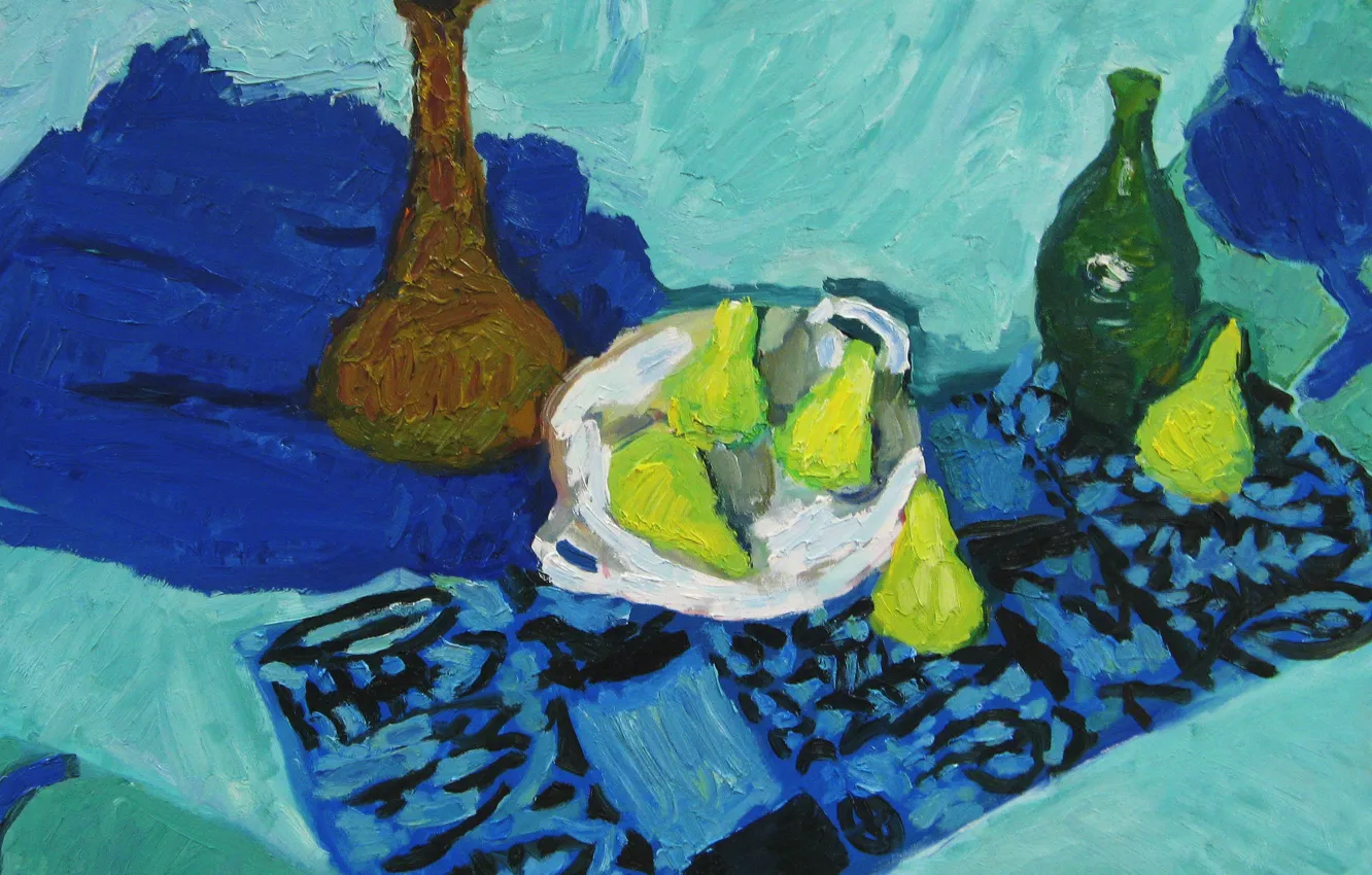 Фото обои 2008, кувшин, натюрморт, груши, бутыка, Петяев, синие полотенца
