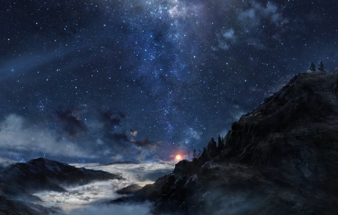 Фото обои облака, горы, ночь, туман, люди, Звезды, арт