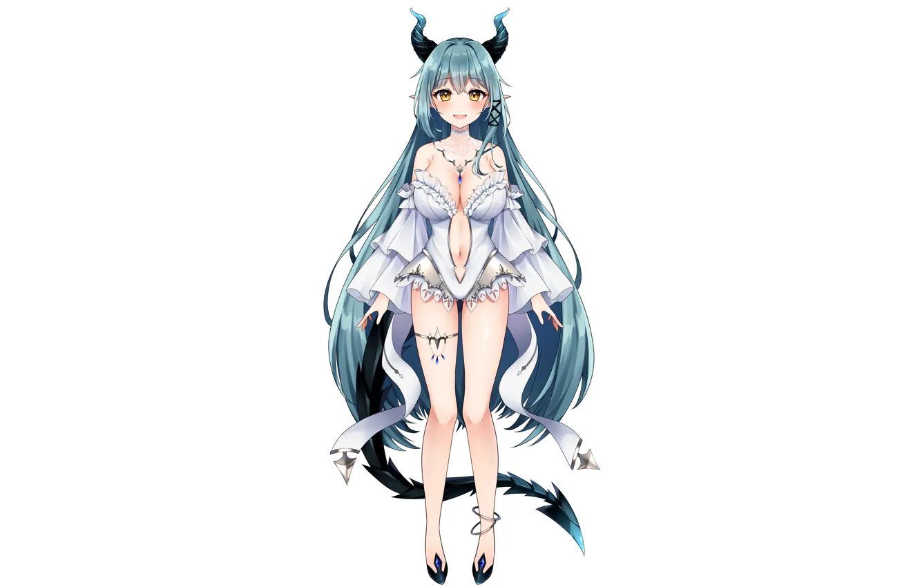 Фото обои girl, sexy, cleavage, horns, long hair, dress, boobs, anime