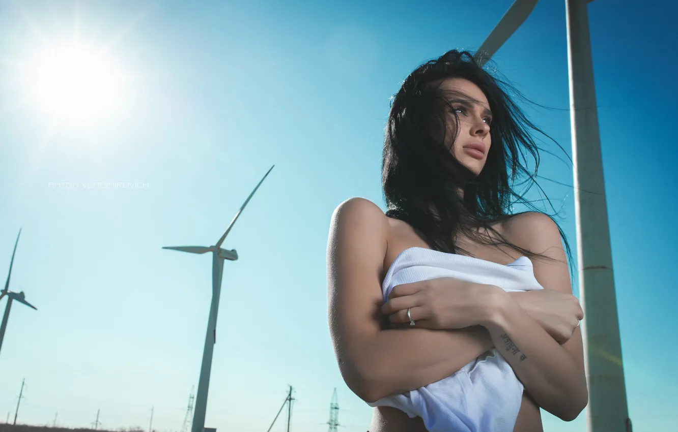Фото обои девушка, лицо, поза, волосы, руки, брюнетка, ветряки, ветряные мельницы