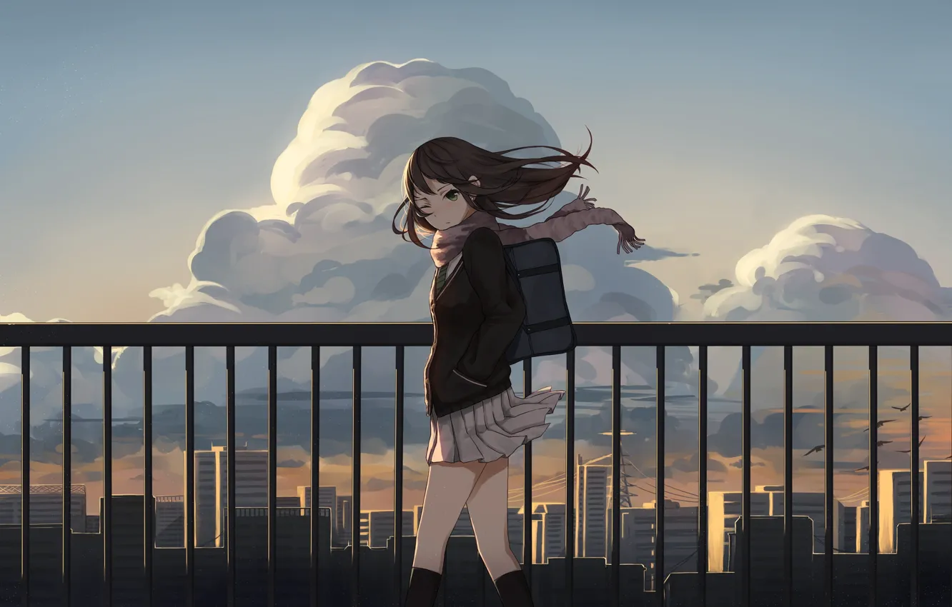 Фото обои небо, девушка, облака, город, дома, аниме, арт, форма