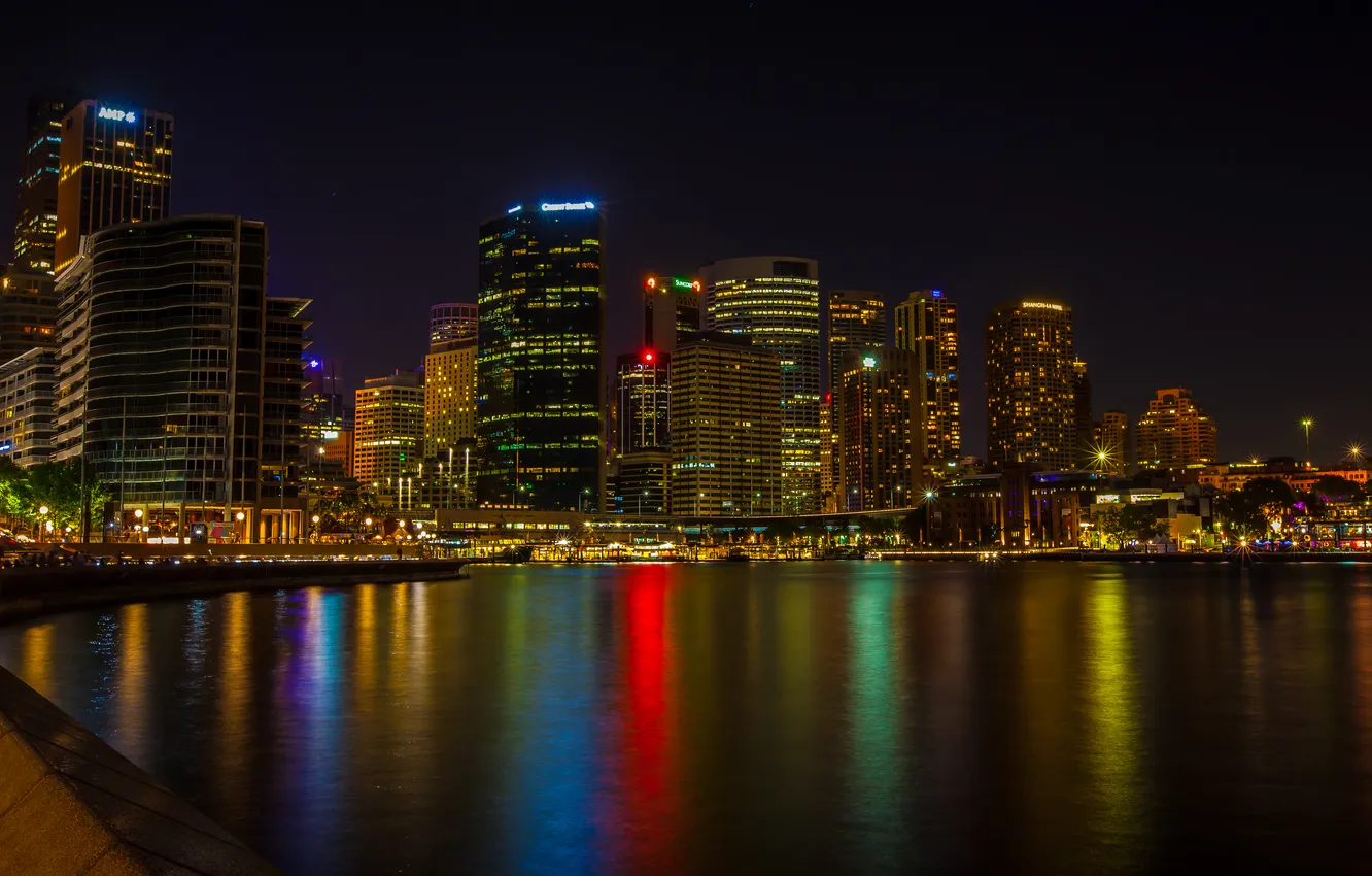 Фото обои ночь, город, река, фото, небоскребы, Австралия, Сидней