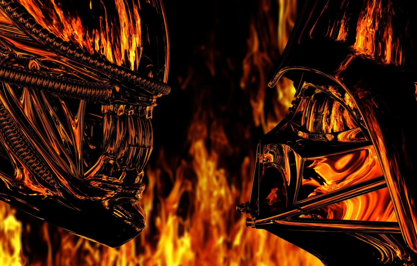 Фото обои отражение, огонь, Чужой, Darth Vader, Alien, Дарт Вейдер