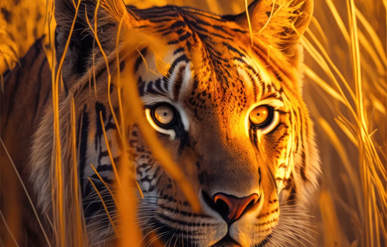 Фото обои Взгляд, Тигр, Глаза, Морда, Хищник, Бенгальский тигр, Цифровое искусство, Большая кошка