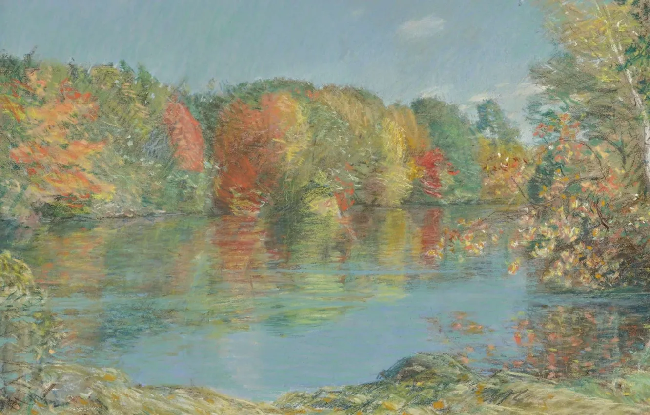 Фото обои осень, пейзаж, картина, Frederick Childe Hassam, Чайльд Гассам, Уолденский Пруд