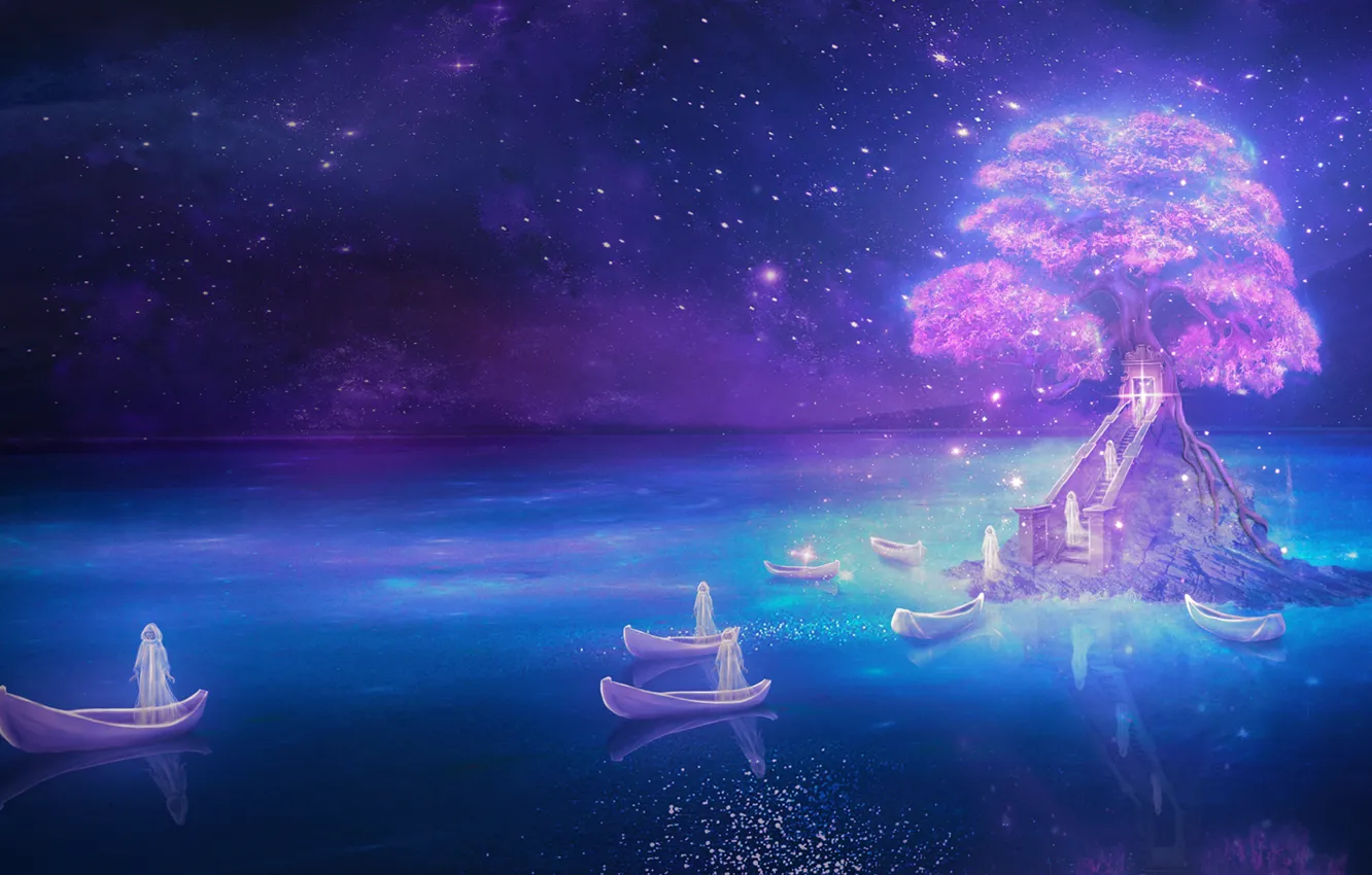 Фото обои море, вода, звезды, ночь, дерево, лодки, освещение, Арт