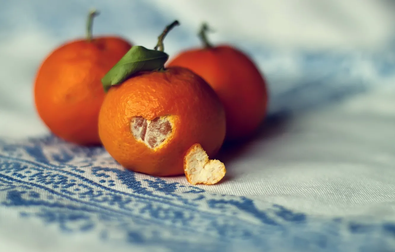 Фото обои листик, сердечко, кожура, мандарины