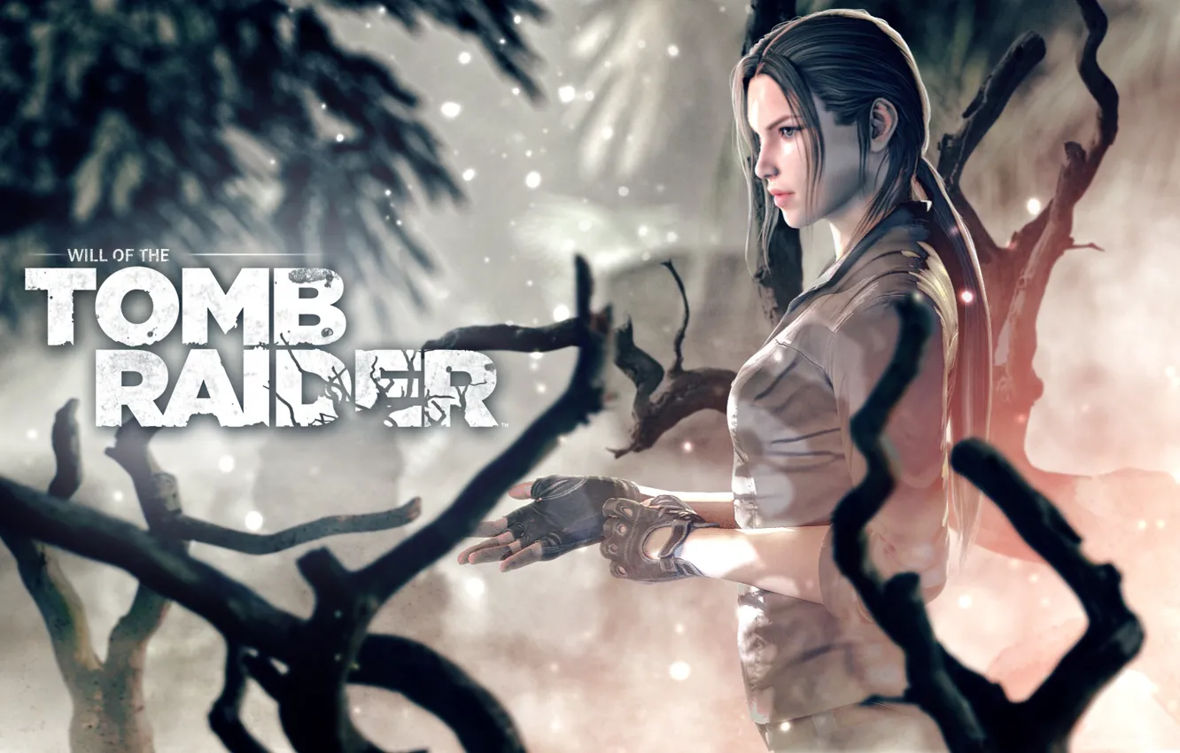 Фото обои девушка, ветки, рендеринг, перчатки, Tomb Raider, Lara Croft