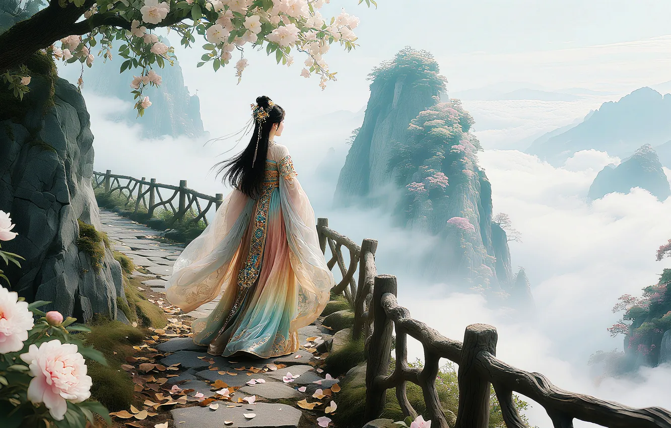 Фото обои girl, nature, mountains, asian, ai art