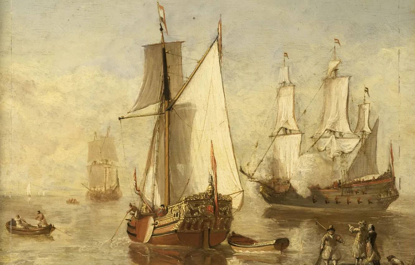 Фото обои картина, парус, морской пейзаж, Альберт Якобс Кёйп, Яхта и Военный Корабль